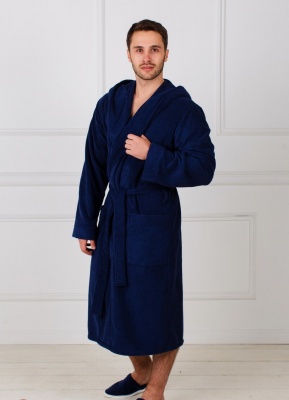 Мужской махровый халат с капюшоном (Темно-синий)