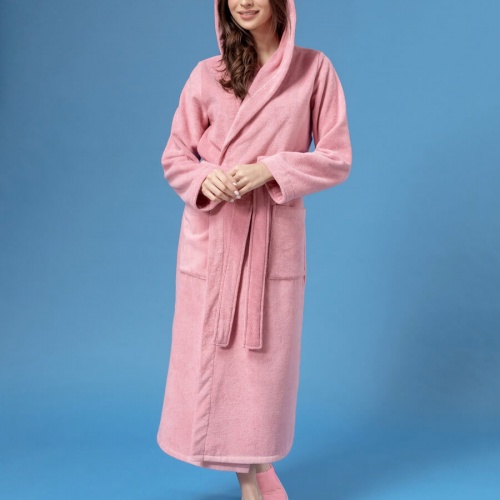 Женский махровый халат с капюшоном (Пудрово-розовый)