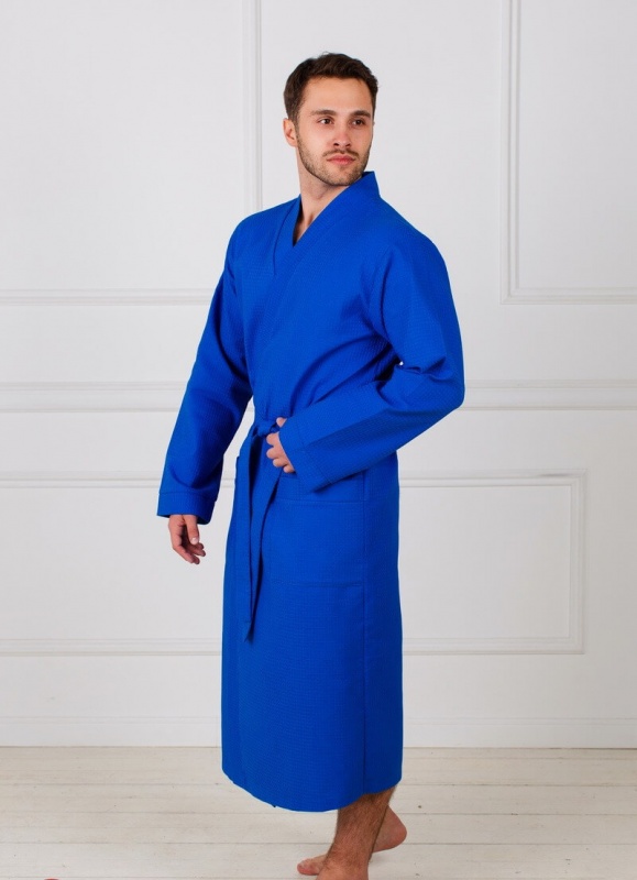 Мужской вафельный халат с планкой (Синий)